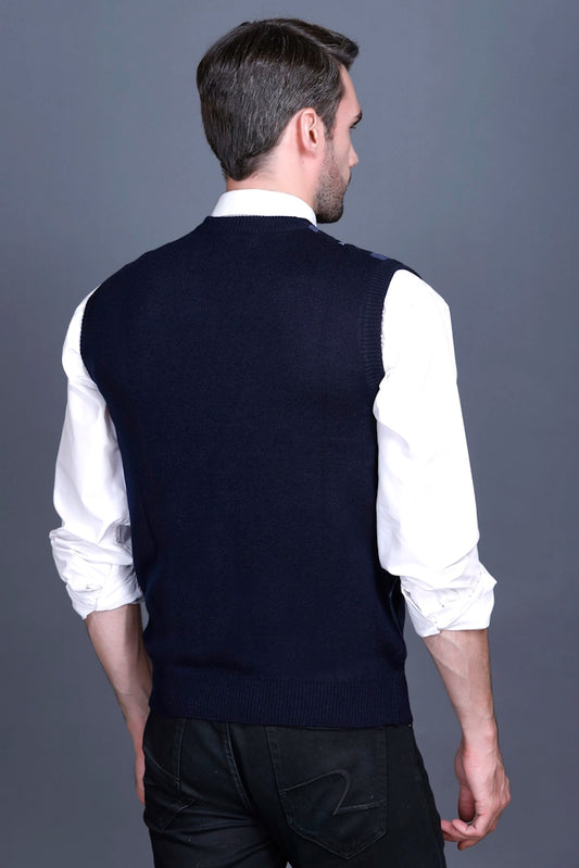 Navy Woolen V-Neck Sleeveless Sweater For Men