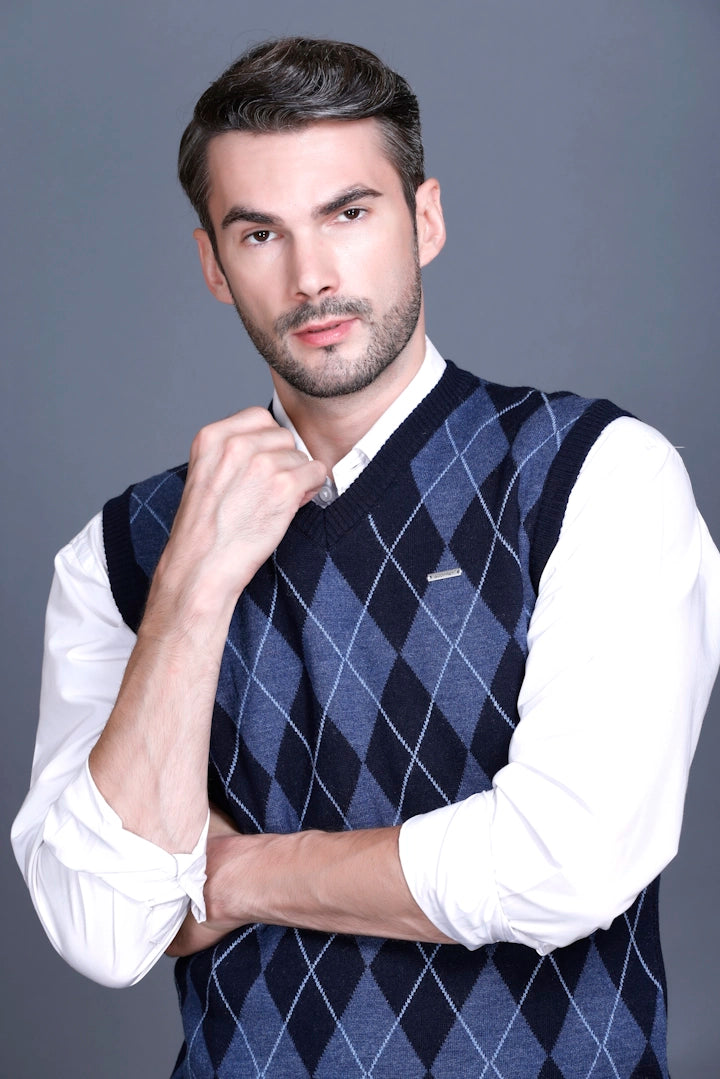 Navy Woolen V-Neck Sleeveless Sweater For Men