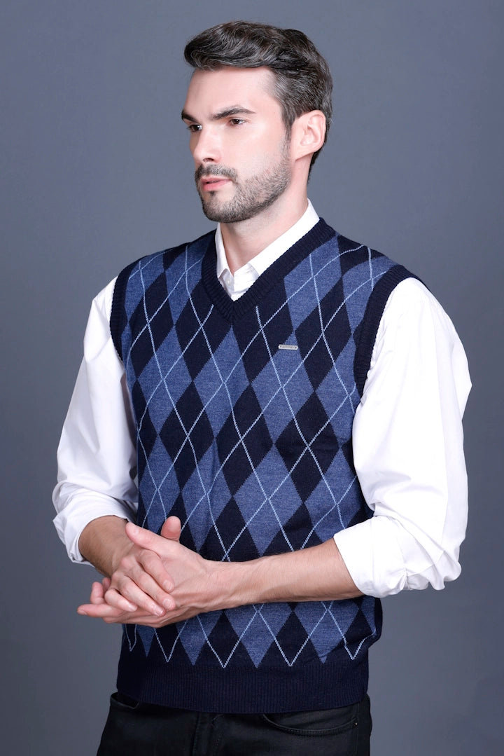 Navy Woolen V-Neck Sleeveless Sweater For Men