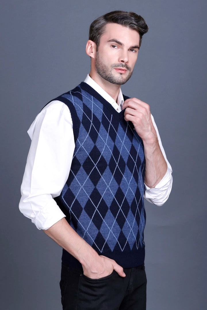 Navy Woolen V-Neck Sleeveless Sweater For Men