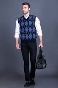 Navy Woolen V-Neck Sleeveless Sweater For Men