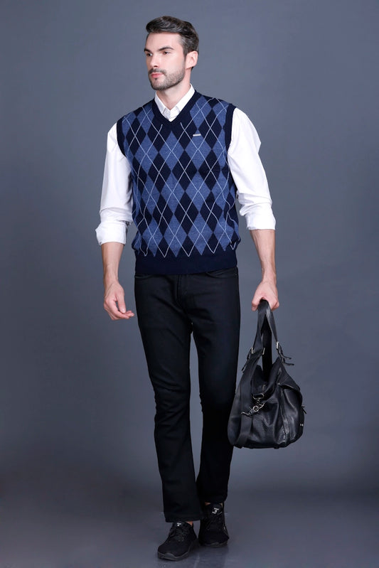 Navy Woolen V-Neck Sleeveless Sweater For Men