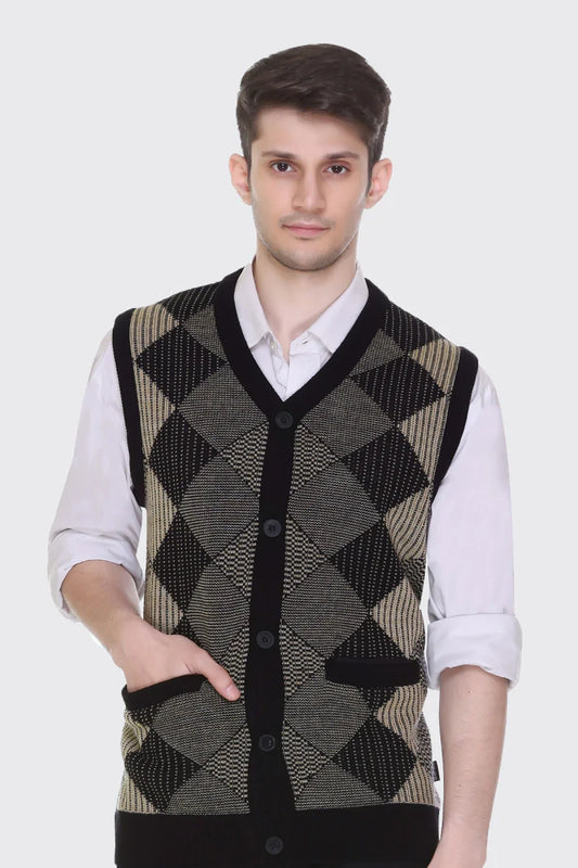 Black Beige Woolen V-Neck Sleeveless Mens Cardigan Sweaters