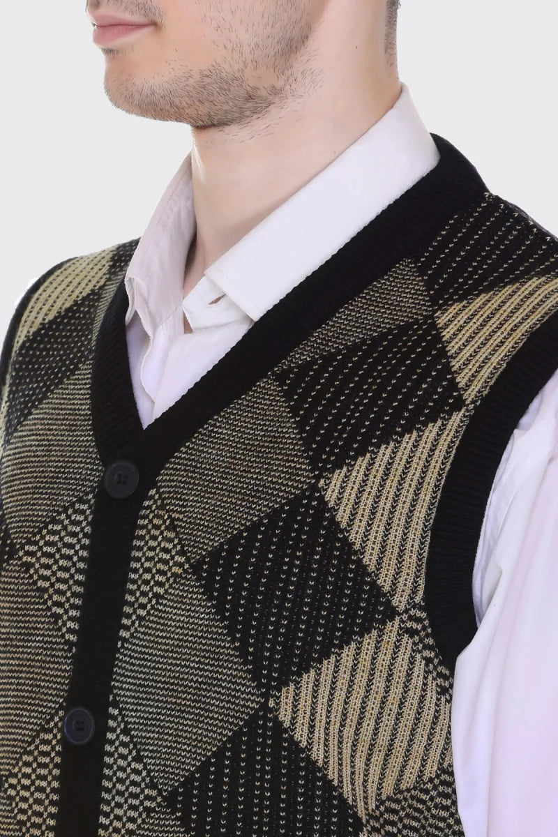 Black Beige Woolen V-Neck Sleeveless Mens Cardigan Sweaters