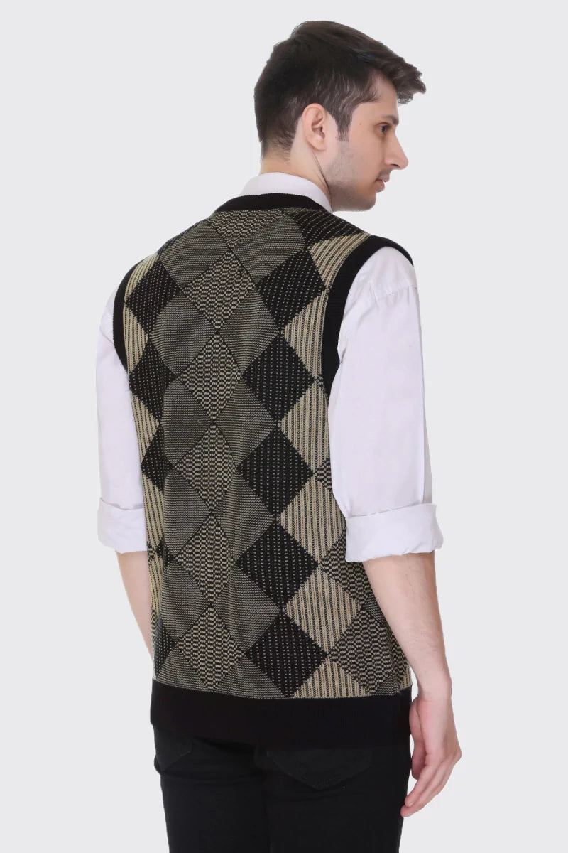Black Beige Woolen V-Neck Sleeveless Mens Cardigan Sweaters