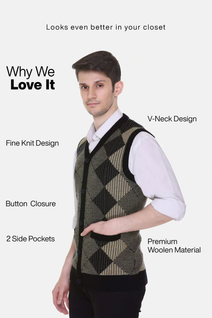 Black Beige Woolen V-Neck Sleeveless Mens Cardigan Sweaters