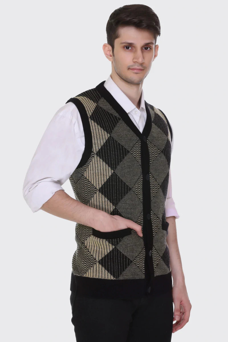 Black Beige Woolen V-Neck Sleeveless Mens Cardigan Sweaters