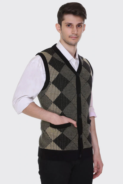 Black Beige Woolen V-Neck Sleeveless Mens Cardigan Sweaters