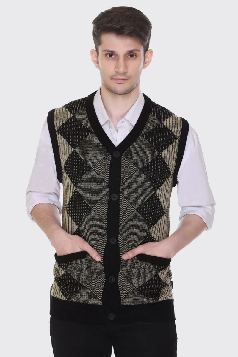 Black Beige Woolen V-Neck Sleeveless Mens Cardigan Sweaters