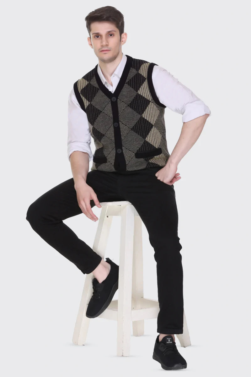 Black Beige Woolen V-Neck Sleeveless Mens Cardigan Sweaters