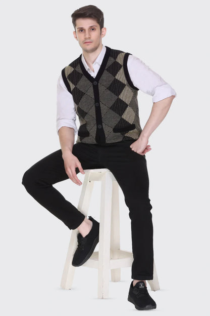 Black Beige Woolen V-Neck Sleeveless Mens Cardigan Sweaters