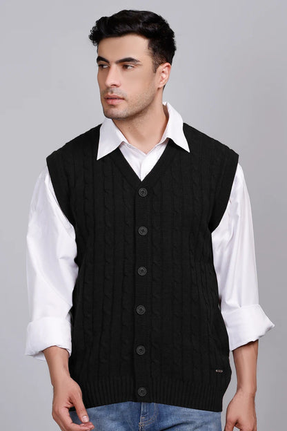 Black Woolen V-Neck Sleeveless Mens Cardigan Sweaters