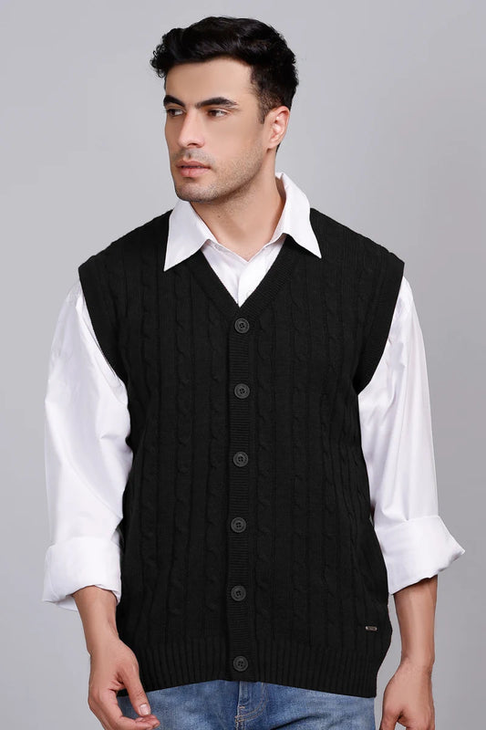 Black Woolen V-Neck Sleeveless Mens Cardigan Sweaters