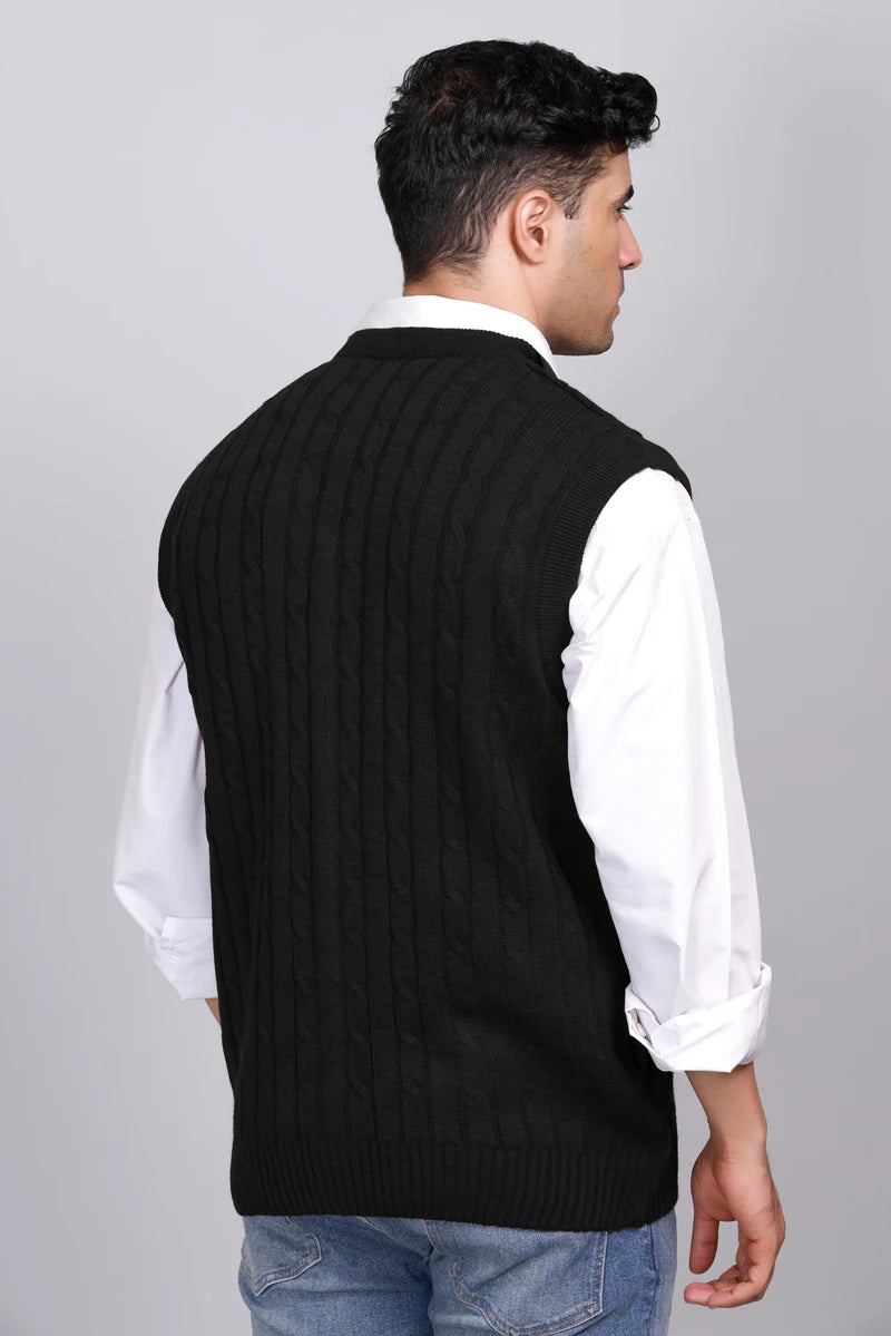 Black Woolen V-Neck Sleeveless Mens Cardigan Sweaters