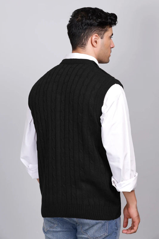 Black Woolen V-Neck Sleeveless Mens Cardigan Sweaters