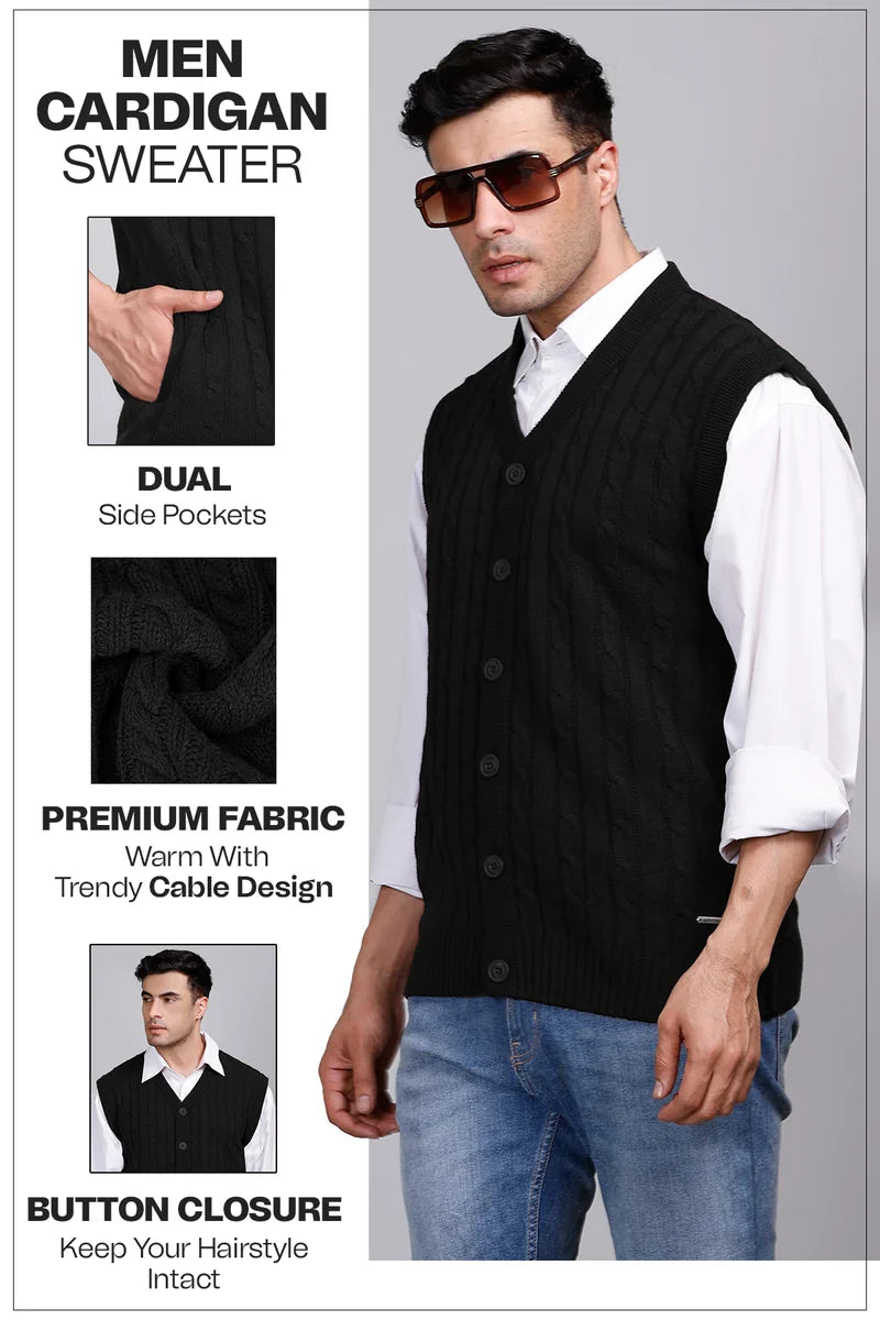 Black Woolen V-Neck Sleeveless Mens Cardigan Sweaters