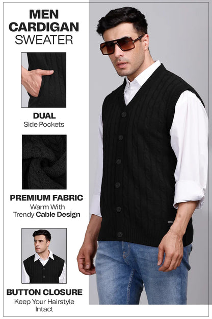 Black Woolen V-Neck Sleeveless Mens Cardigan Sweaters