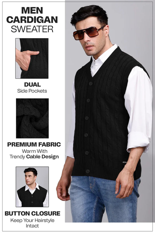 Black Woolen V-Neck Sleeveless Mens Cardigan Sweaters