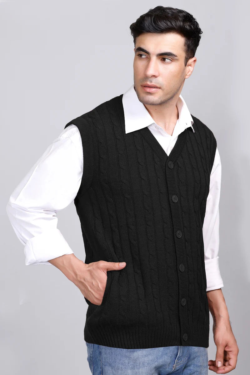 Black Woolen V-Neck Sleeveless Mens Cardigan Sweaters
