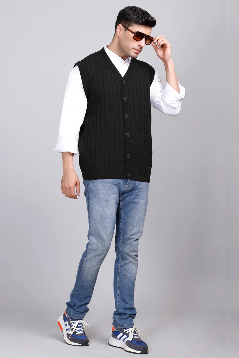 Black Woolen V-Neck Sleeveless Mens Cardigan Sweaters