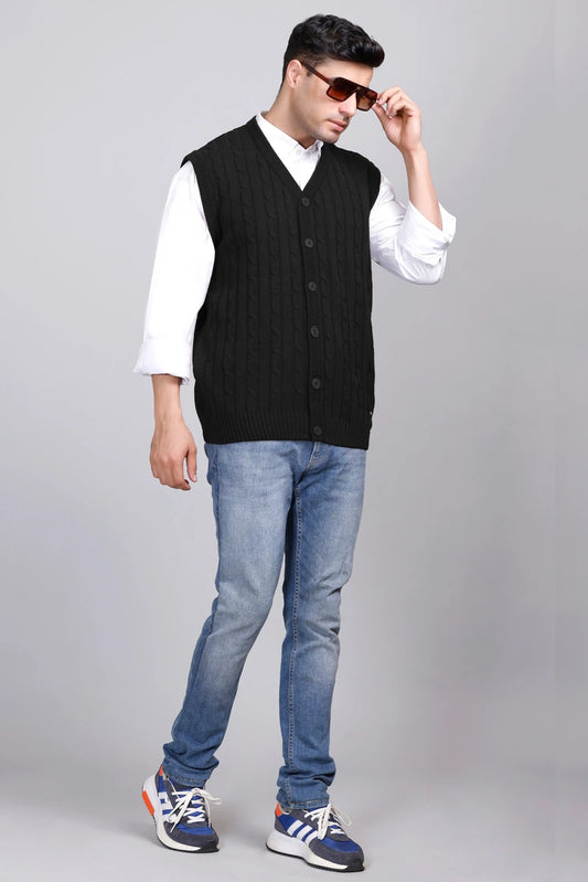 Black Woolen V-Neck Sleeveless Mens Cardigan Sweaters