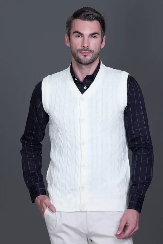 Off-White Woolen V-Neck Sleeveless Mens Cardigan Sweaters