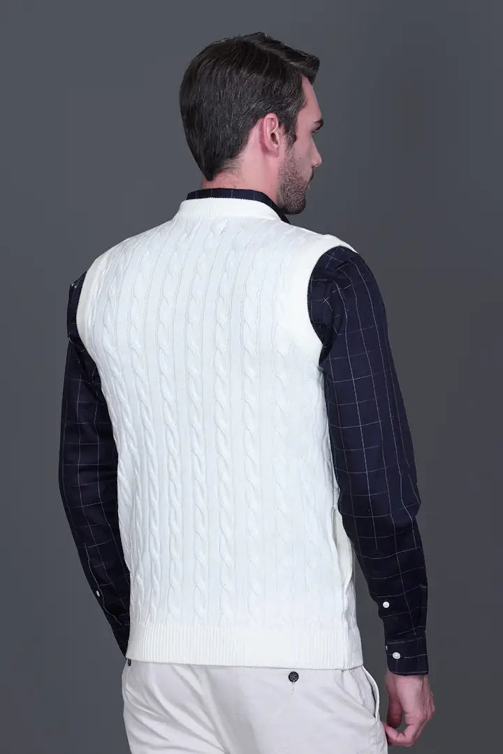 Off-White Woolen V-Neck Sleeveless Mens Cardigan Sweaters