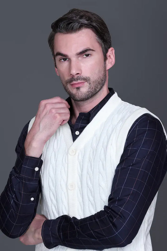 Off-White Woolen V-Neck Sleeveless Mens Cardigan Sweaters