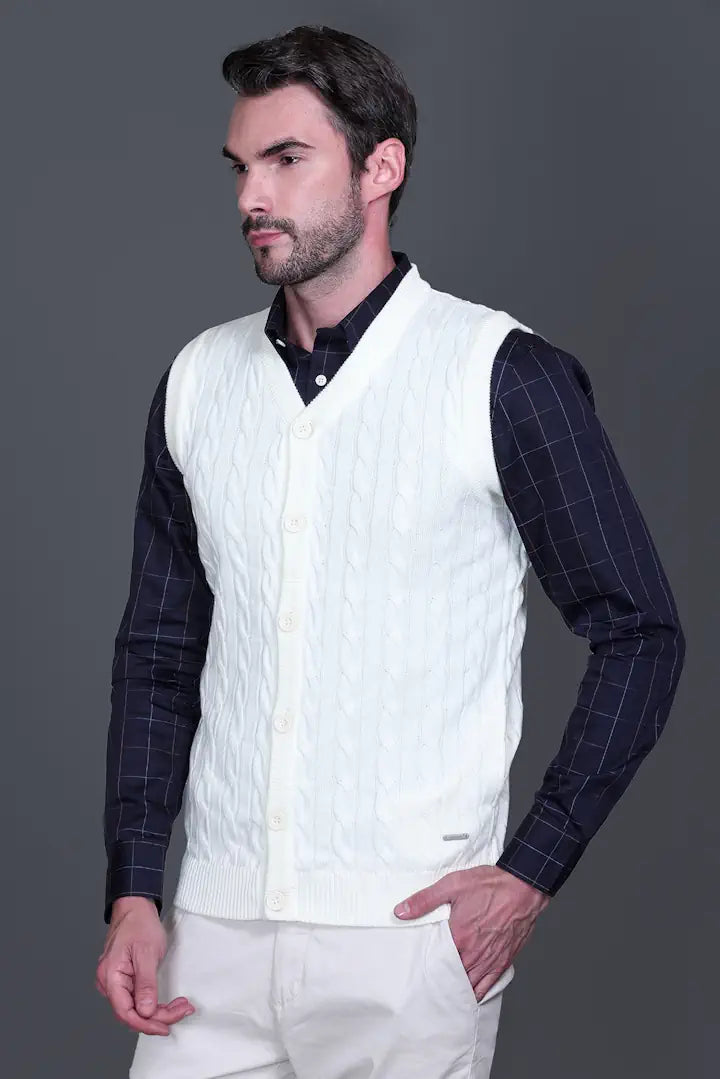 Off-White Woolen V-Neck Sleeveless Mens Cardigan Sweaters