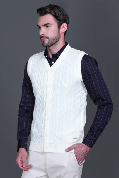 Off-White Woolen V-Neck Sleeveless Mens Cardigan Sweaters
