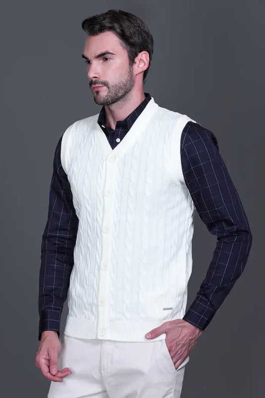Off-White Woolen V-Neck Sleeveless Mens Cardigan Sweaters