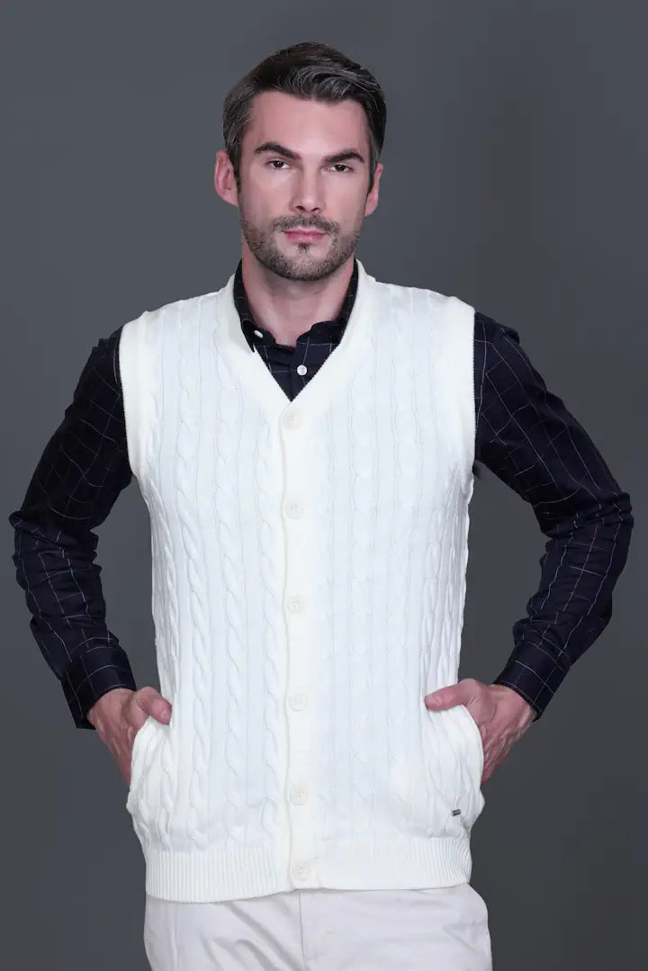 Off-White Woolen V-Neck Sleeveless Mens Cardigan Sweaters