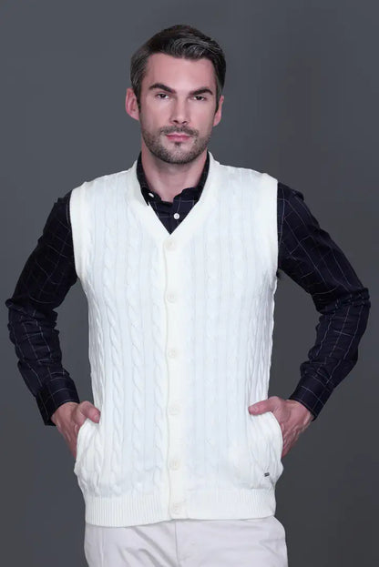 Off-White Woolen V-Neck Sleeveless Mens Cardigan Sweaters