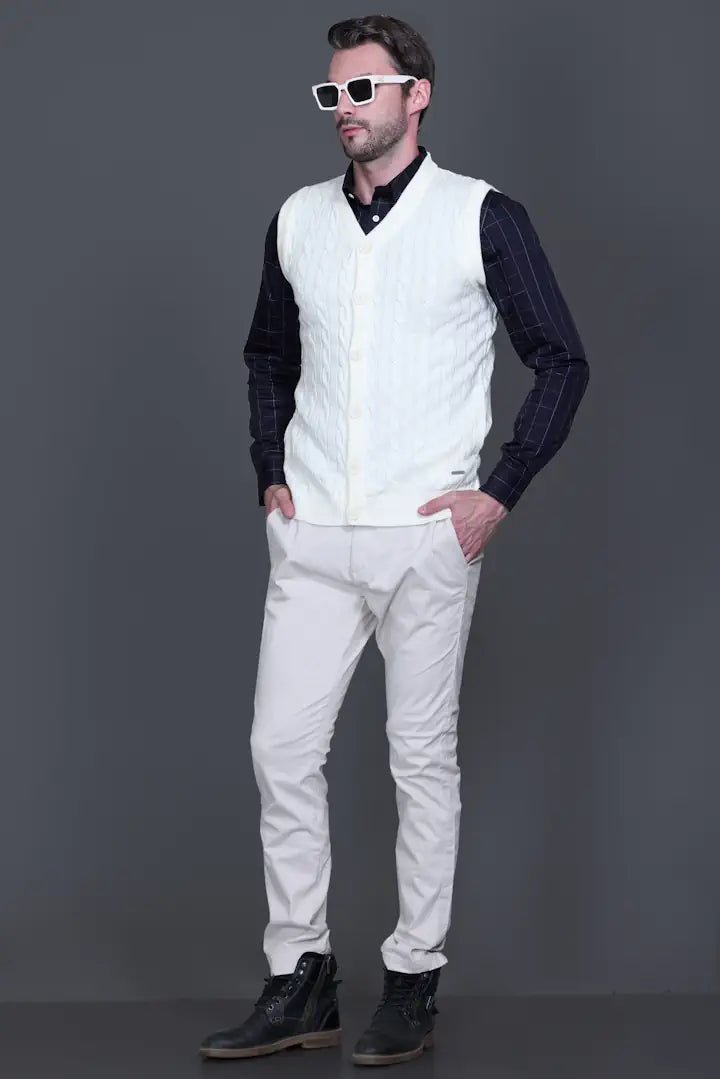Off-White Woolen V-Neck Sleeveless Mens Cardigan Sweaters