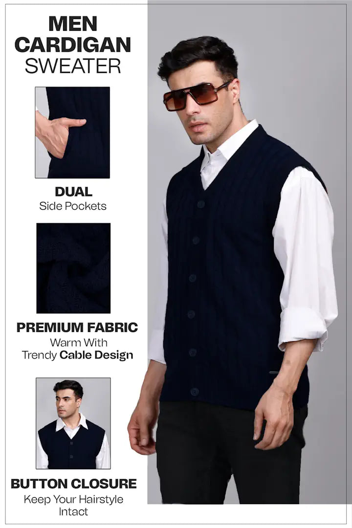 Navy Woolen V-Neck Half Mens Cardigan Sweater