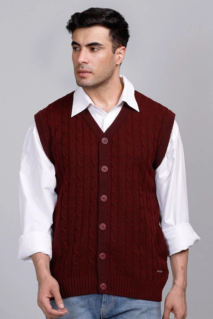 Wine Woolen V-Neck Sleeveless Mens Cardigan Sweaters