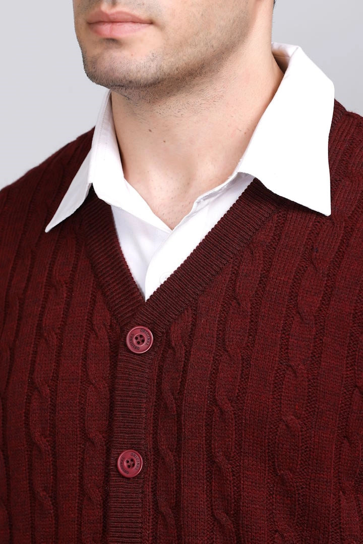 Wine Woolen V-Neck Sleeveless Mens Cardigan Sweaters