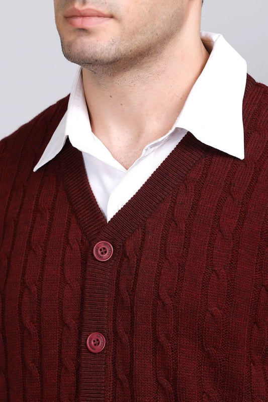 Wine Woolen V-Neck Sleeveless Mens Cardigan Sweaters