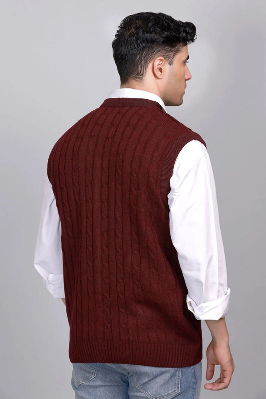 Wine Woolen V-Neck Sleeveless Mens Cardigan Sweaters