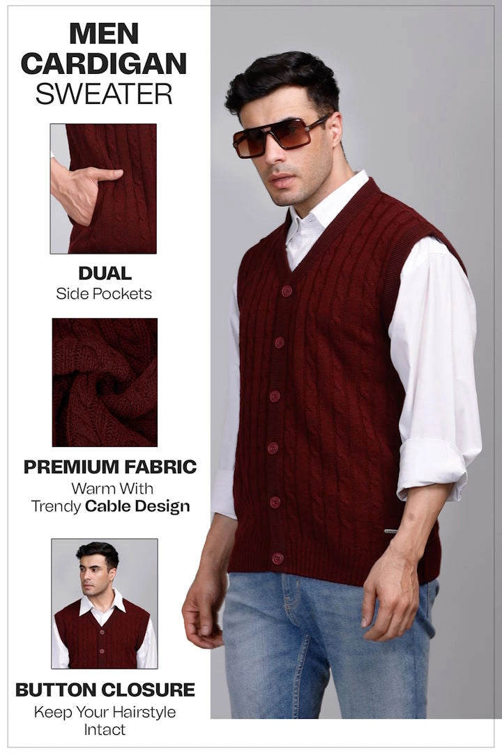 Wine Woolen V-Neck Sleeveless Mens Cardigan Sweaters
