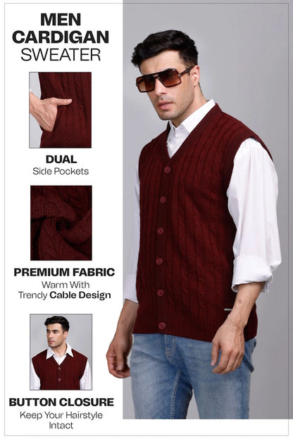 Wine Woolen V-Neck Sleeveless Mens Cardigan Sweaters
