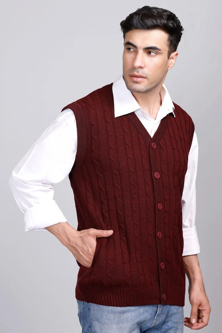 Wine Woolen V-Neck Sleeveless Mens Cardigan Sweaters
