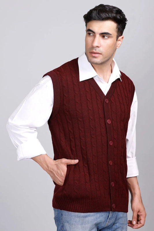 Wine Woolen V-Neck Sleeveless Mens Cardigan Sweaters