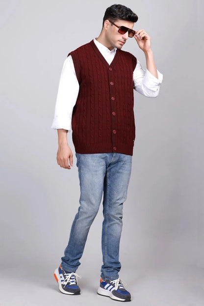 Wine Woolen V-Neck Sleeveless Mens Cardigan Sweaters