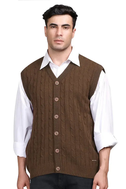 Brown Woolen V-Neck Sleeveless Mens Cardigan Sweaters