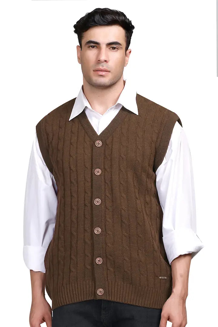 Brown Woolen V-Neck Sleeveless Mens Cardigan Sweaters