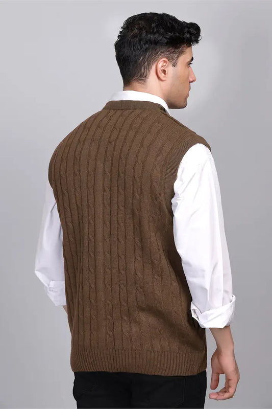 Brown Woolen V-Neck Sleeveless Mens Cardigan Sweaters