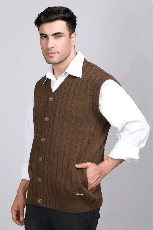 Brown Woolen V-Neck Sleeveless Mens Cardigan Sweaters