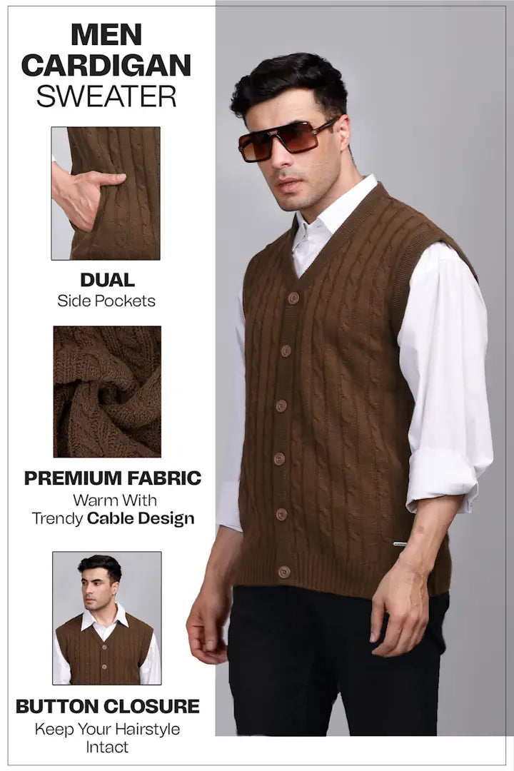 Brown Woolen V-Neck Sleeveless Mens Cardigan Sweaters