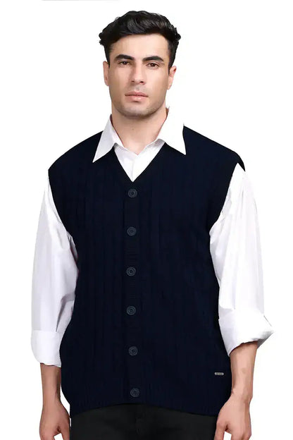 Navy Woolen V-Neck Half Mens Cardigan Sweater